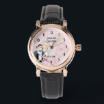 Vintage Wedding Couple With Pink Rose Personalised Watch<br><div class="desc">A retro vintage style wedding commemorative watch. Personalise with name(s) and date. An elegant illustration set on a pink background with faded pink roses. A fancy wedding couple illustration in a loving embrace painted with watercolors. Chic and classy with a shabby old fashioned flair. Clock numbers are an art deco...</div>