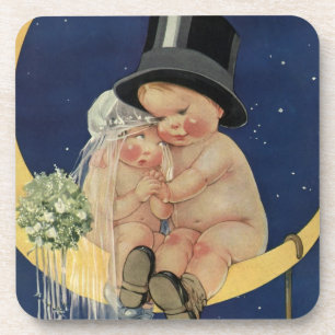 Vintage Wedding, Cute Bride and Groom on a Moon Coaster