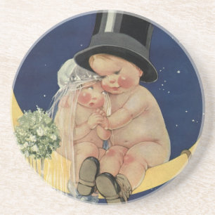 Vintage Wedding, Cute Bride and Groom on a Moon Coaster