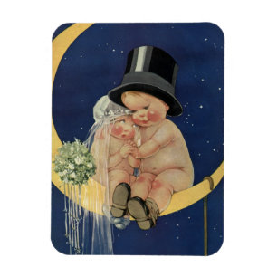 Vintage Wedding, Cute Bride and Groom on a Moon Magnet