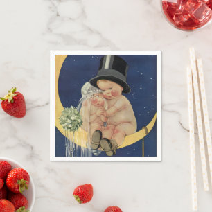 Vintage Wedding, Cute Bride and Groom on a Moon Napkin