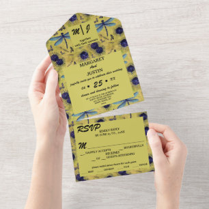 Vintage Wedding Dandelion and Dragonfly Themed All In One Invitation
