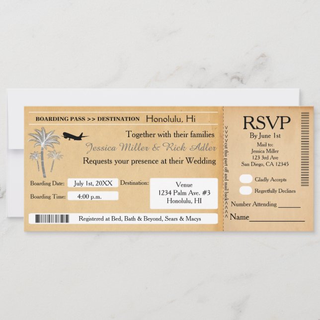 Vintage Wedding Destination Ticket Invitation RSVP (Front)