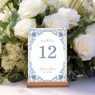 Vintage Wedding Dusty Blue White Elegant Antique Table Number