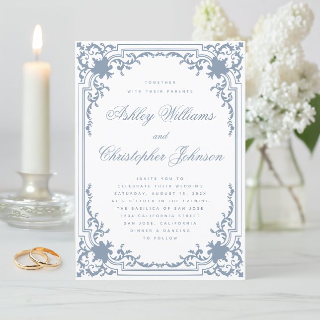 Vintage Wedding Dusty Blue White Elegant Script  Invitation (Creator Uploaded)