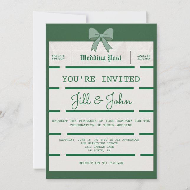  Vintage Wedding Invitation Newspaper with Bow (Front)