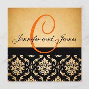 Vintage Wedding Invitation Orange Monogram Damask