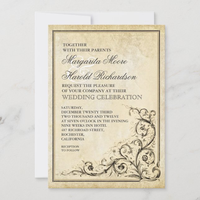 Vintage wedding invitation with flourish swirls (Front)