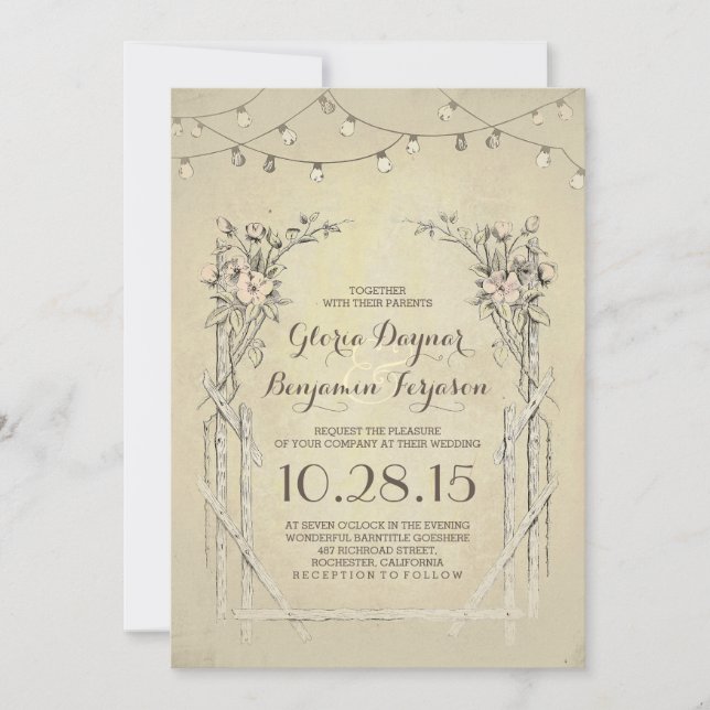 vintage wedding invitation with string lights (Front)