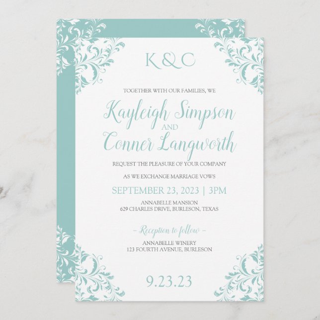 Vintage Wedding Invitations | Light Turquoise-Teal (Front/Back)