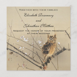 Vintage Wedding, Japanese Owl and Plum Tree Invitation