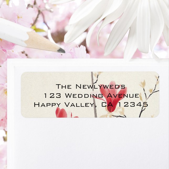 Vintage Wedding, Japanese Pink Magnolia Tree (Vintage Wedding, Japanese Pink Magnolia Tree Flowers Return Address Label)