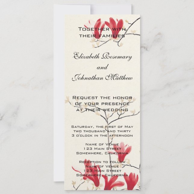 Vintage Wedding, Japanese Pink Magnolia Tree Invitation (Front)