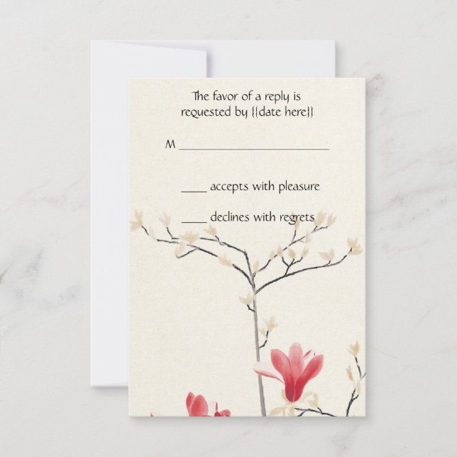 Vintage Wedding, Japanese Pink Magnolia Tree RSVP Card (Front)