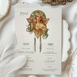 Vintage Wedding Menu and Drinks Card<br><div class="desc">Enhance your wedding reception with this Art Nouveau-inspired menu and drinks card, featuring a beautifully illustrated vintage lady adorned with flowers and flowing details. The elegant design brings a touch of classic sophistication with muted greens, warm yellows, and soft blush tones. The front side details the cuisine options, including appetizers,...</div>