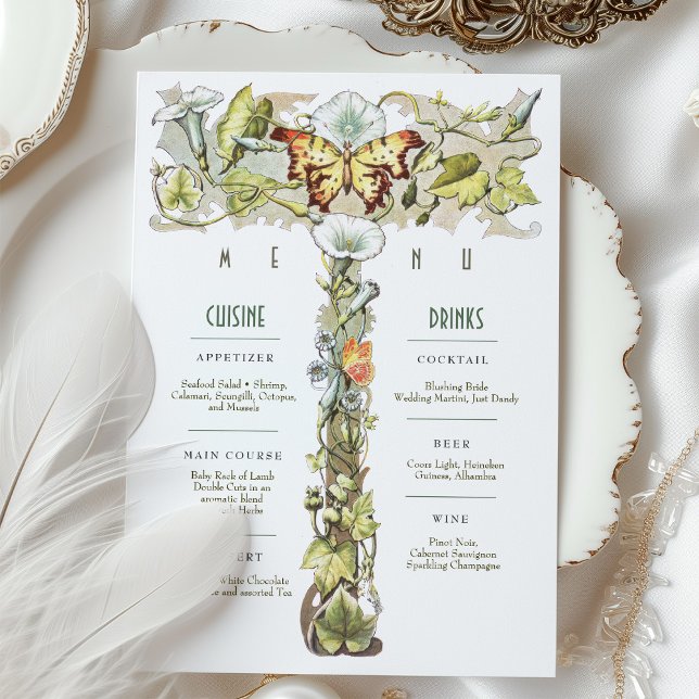 Vintage Wedding Menu & Drinks Card Butterfly Motif (Creator Uploaded)