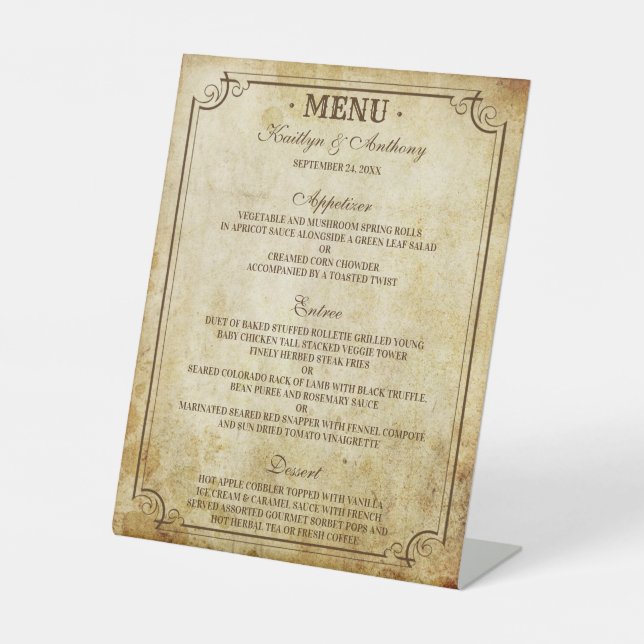 Vintage Wedding Menu Pedestal Sign (Front)