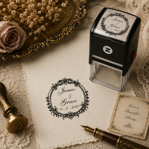 Vintage Wedding Name & Date Self-inking Stamp
