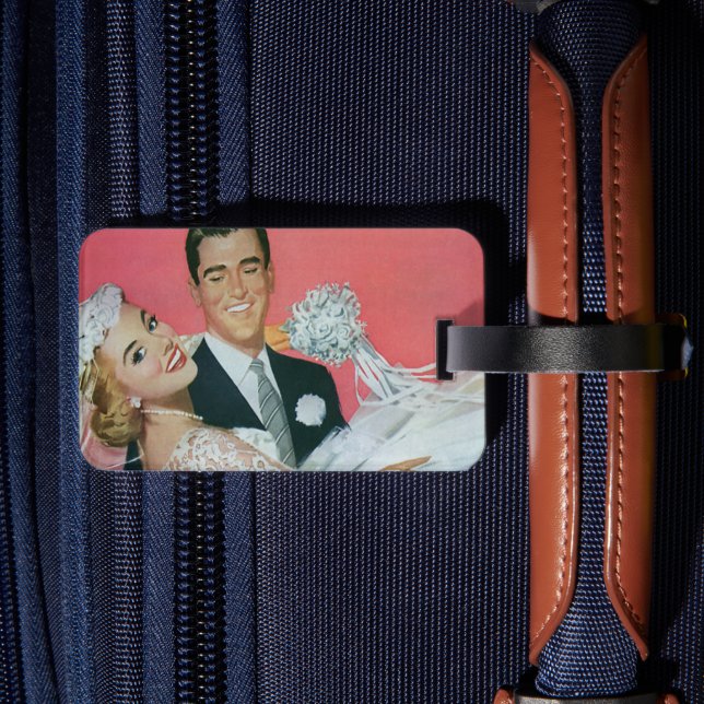 Vintage Wedding Newlyweds, Bride & Groom Honeymoon Luggage Tag (Back Insitu 2)