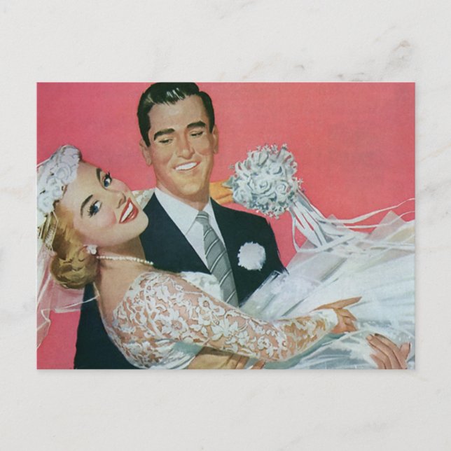 Vintage Wedding Newlyweds, Groom Carrying Bride Announcement Postcard (Front)