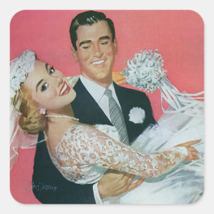 Vintage Wedding Newlyweds, Groom Carrying Bride Square Sticker