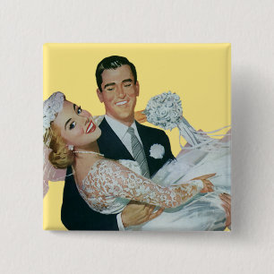 Vintage Wedding Newlyweds, Happy Bride and Groom 15 Cm Square Badge