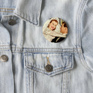 Vintage Wedding Newlyweds, Happy Bride and Groom 6 Cm Round Badge
