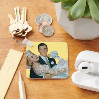 Vintage Wedding Newlyweds, Happy Bride and Groom Key Ring