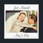 Vintage Wedding Newlyweds, Happy Bride and Groom Magnet<br><div class="desc">Just Married! Vintage illustration love and romance image with the groom carrying his new bride over the threshold after their marriage ceremony. The handsome man is wearing his tuxedo and the beautiful woman is wearing a traditional white wedding gown and veil. The happy newlyweds ready for their honeymoon and a...</div>