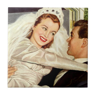 Vintage Wedding Newlyweds, Happy Bride and Groom Tile