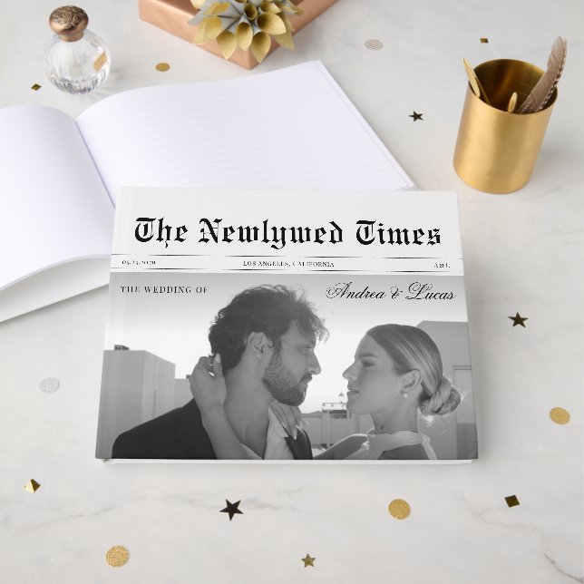 Vintage Wedding Newspaper Photo & Monogram Elegant Guest Book (Front Open)