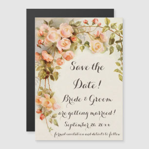 Vintage Wedding, Pink Rose Flowers, Save the Date Magnetic Invitation
