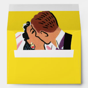 Vintage Wedding, Retro Bride and Groom Kissing Envelope