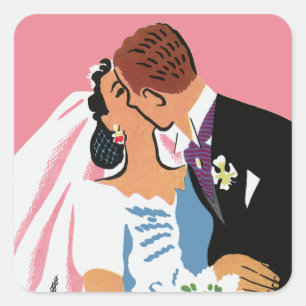 Vintage Wedding, Retro Bride and Groom Kissing Square Sticker