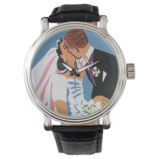Vintage Wedding, Retro Bride and Groom Kissing Watch (Front)