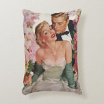 Vintage Wedding, Retro Bride and Groom Newlyweds Decorative Cushion<br><div class="desc">Vintage illustration love and romance design featuring a bride in her wedding gown and the groom in his tuxedo. The happy newlywed couple is surrounded by beautiful pink and white floral garden flowers.</div>