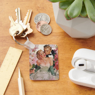 Vintage Wedding, Retro Bride and Groom Newlyweds Key Ring