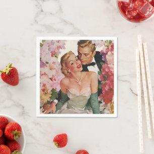Vintage Wedding, Retro Bride and Groom Newlyweds Napkin