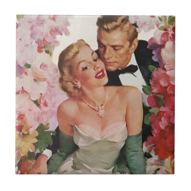 Vintage Wedding, Retro Bride and Groom Newlyweds Tile (Front)