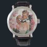 Vintage Wedding, Retro Bride and Groom Newlyweds Watch<br><div class="desc">Vintage illustration love and romance design featuring a bride in her wedding gown and the groom in his tuxedo. The happy newlywed couple is surrounded by beautiful pink and white floral garden flowers.</div>