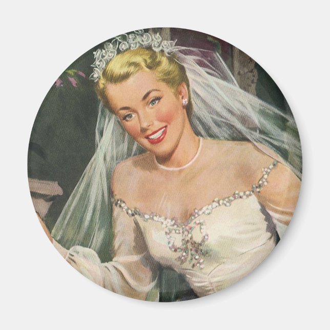 Vintage Wedding, Retro Bride with Flower Girl Magnet (Front)
