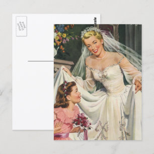 Vintage Wedding, Retro Bride with Flower Girl Postcard