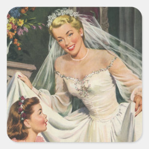 Vintage Wedding, Retro Bride with Flower Girl Square Sticker