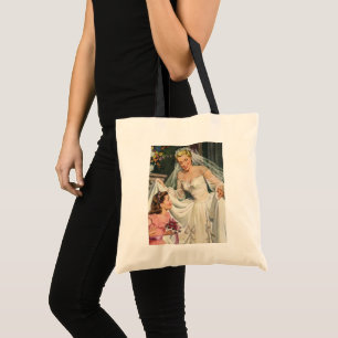 Vintage Wedding, Retro Bride with Flower Girl Tote Bag