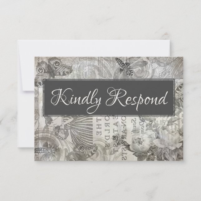 Vintage Wedding RSVP Antique Grey & White  Card (Front)