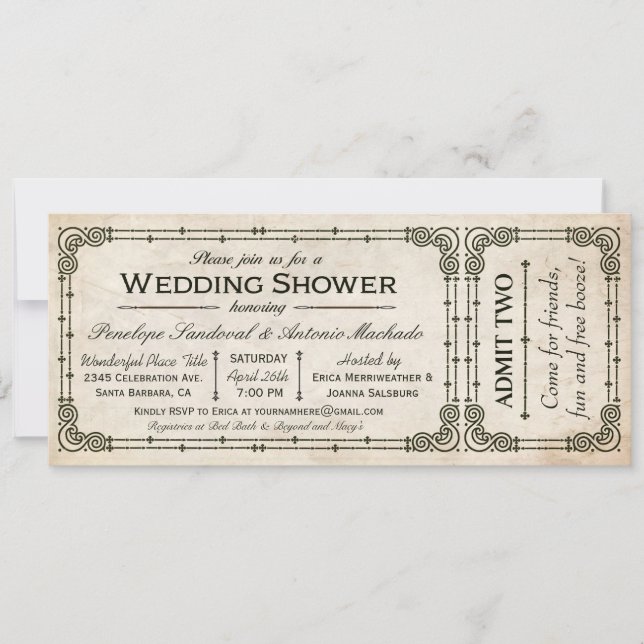 Vintage Wedding Shower Ticket Invitations I (Front)