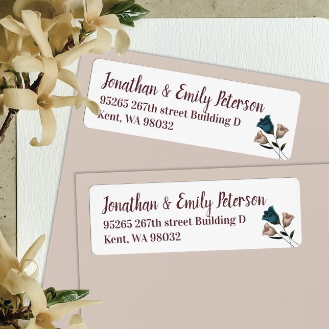 Vintage Wedding Teal, Beige Roses Address (Teal Beige Roses Wedding Invitation Address Label, Burgundy Script Writing)