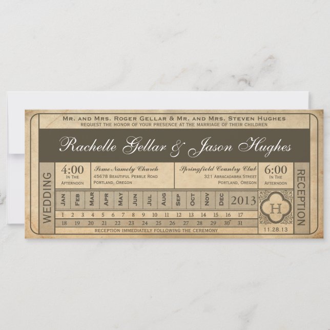 Vintage Wedding Ticket  III  Punchout Invitation (Front)