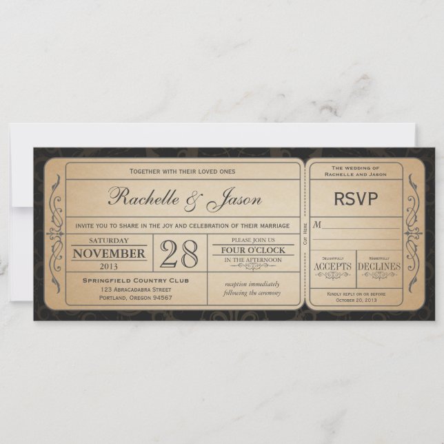 Vintage Wedding Ticket  Invitation with RSVP 2.0 (Front)