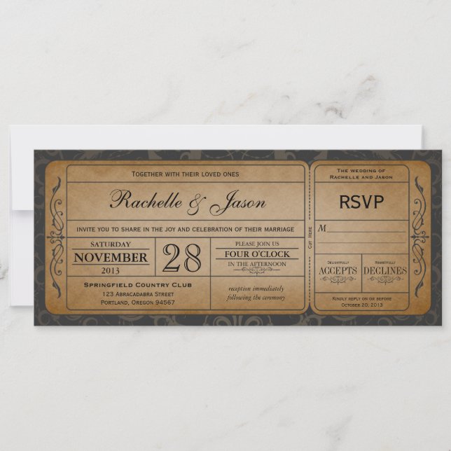 Vintage Wedding Ticket  Invitation with RSVP 3.0 (Front)